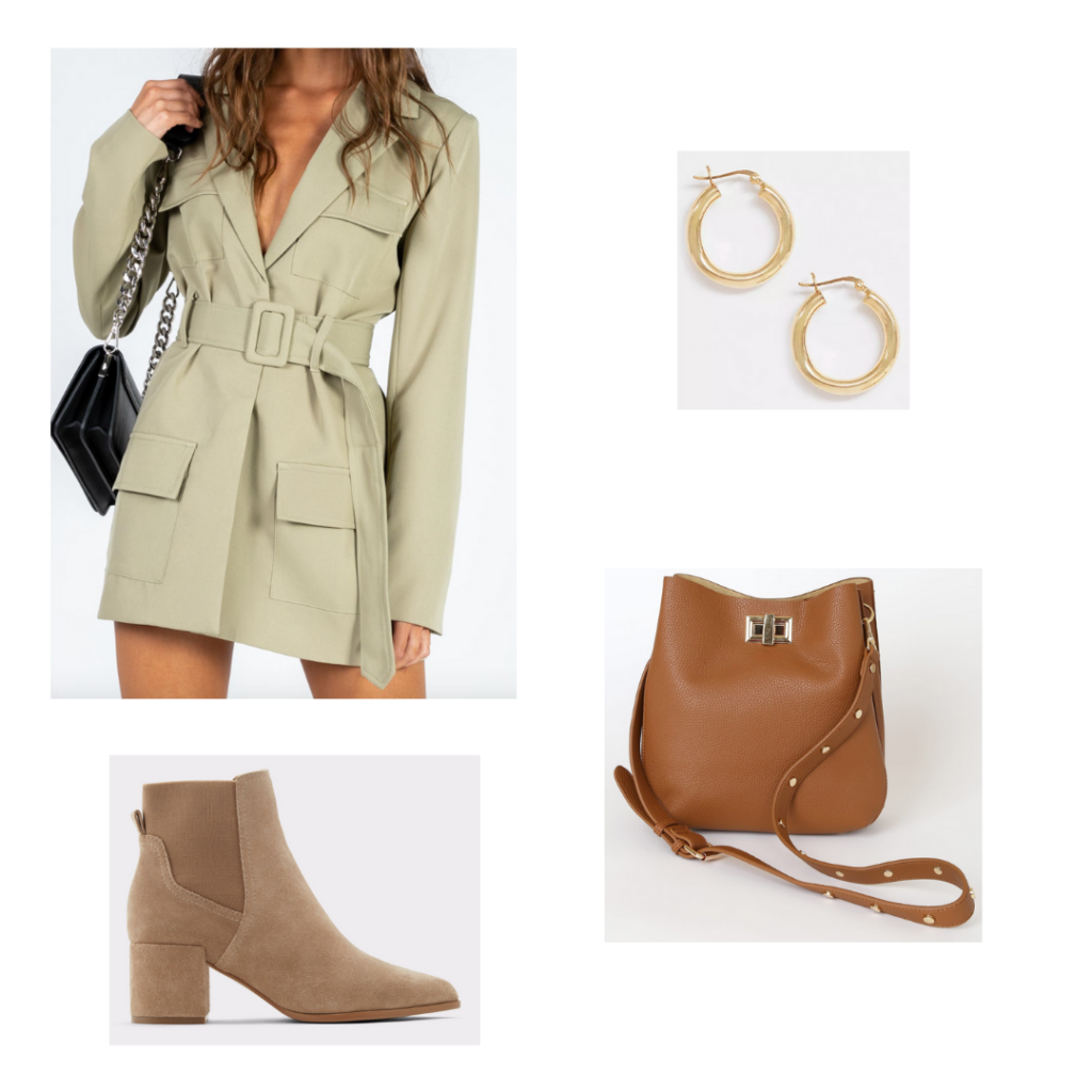 Internship Outfit: khaki belted blazer dress, taupe chunky booties, brown bucket bag purse, gold hoop earrings