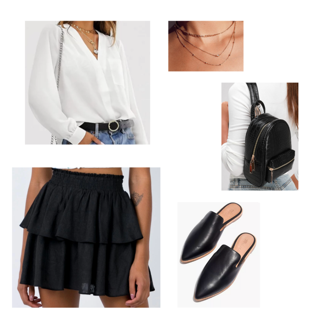 Internship Outfit Idea: white silky button-up shirt, black ruffled skirt with elastic band, flat black mule loafers, black mini backpack, gold layered necklaces