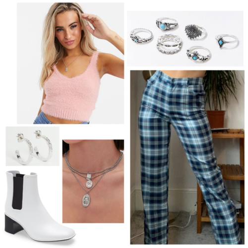 Olivia Rodrigo sour album inspired outfit: fuzzy pink crop top, blue plaid trousers, white booties, silver and turquoise rings