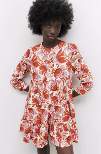 Zara Summer 2021 Collection: red and pink floral print long-sleeve dress