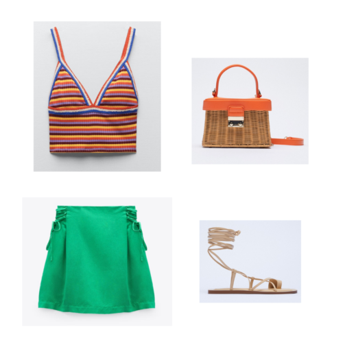 Zara summer 2021 collection outfit 1: retro orange blue and white crop top, green skirt, strappy flat sandals, orange and wicker picnic bag 