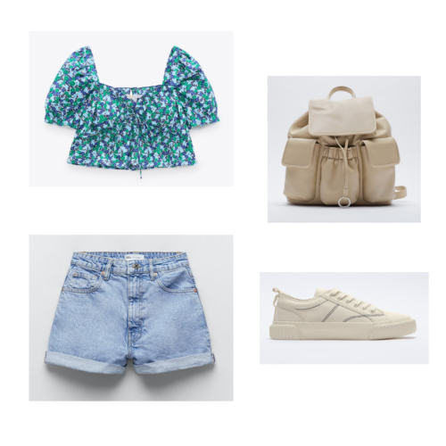 Zara summer 2021 collection outfit 10: floral print blue and green peasant crop top, denim shorts, offwhite sneakers, offwhite backpack purse