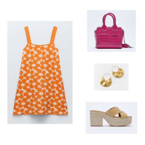 Zara summer 2021 collection outfit 11: orange floral retro mini dress, fuschia mini purse, gold earrings, platform espadrille sandals