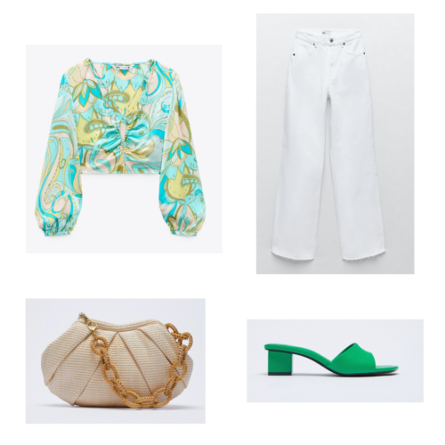 Zara summer 2021 collection outfit 12: blue and yellow paisley crop top, white jeans, tan round purse, green sandals