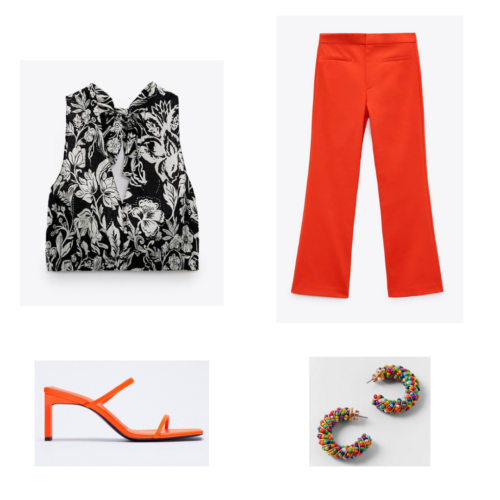 Zara summer 2021 collection outfit 13: black paisley print crop top, red trousers, red pumps, rainbow beaded hoop earrings