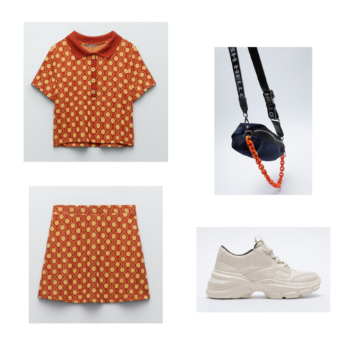 Zara summer 2021 collection outfit 14: orange and yellow polka dot matching set, chunky beige sneakers, black crossbody bag