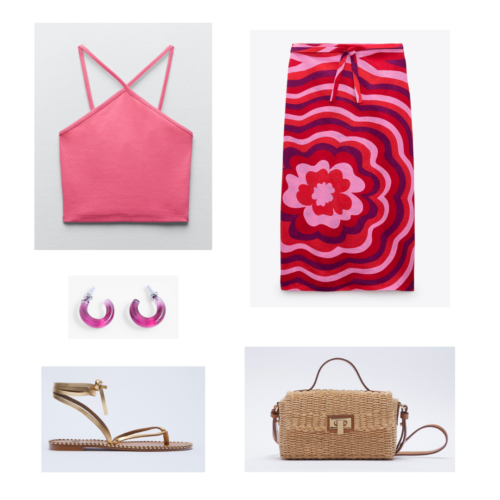 Zara summer 2021 collection outfit 15: pink halter top, pink and red midi skirt with floral design, pink hoop earrings, woven picnic basket purse, strappy flat sandals