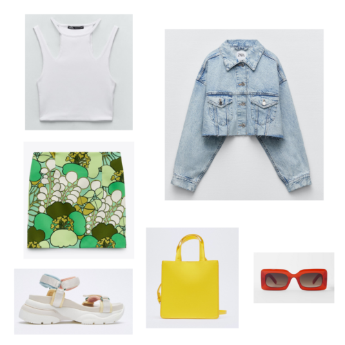 Zara summer 2021 collection outfit 16: white cutout tank top, green printed miniskirt, oversized crop denim jacket, yellow tote bag, chunky beige sneakers, square red sunglasses