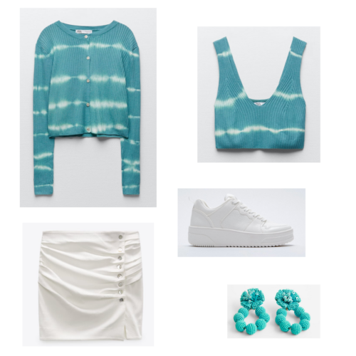 Zara summer 2021 collection outfit 2: blue tie-dye cardigan and matching bra set, white ruffled mini skirt, white sneakers, bright blue beaded earrings