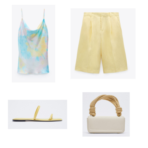 Zara summer 2021 collection outfit 3: pastel tie dye cami, yellow board shorts, yellow flat sandals, rope handle purse