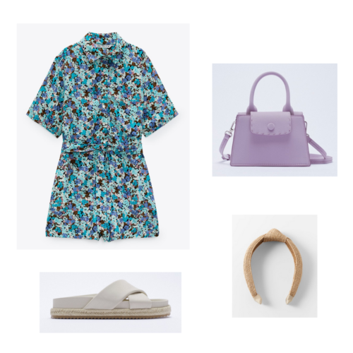 Zara summer 2021 collection outfit 4: blue floral print romper, flat tan sandals, braided headband, lavender handbag