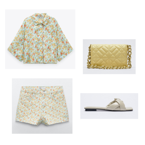 Zara summer 2021 collection outfit 5: yellow blue and orange matching shorts and button up shirt set, yellow bag with chain strap