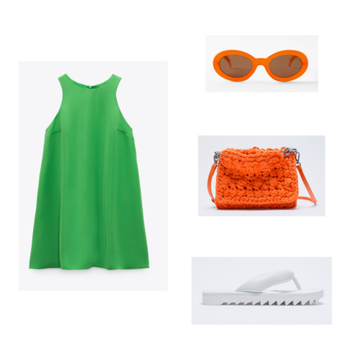 Zara summer 2021 collection outfit 6: bright geren mini dress, white puffy flip flops with jagged treads, orange retro round sunglasses, orange handbag