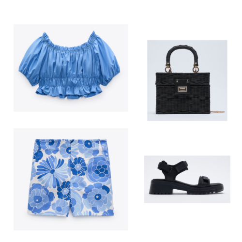 Zara summer 2021 collection outfit 7: blue puffy crop top, blue and white large floral print shorts, black chunky sandals, black purse