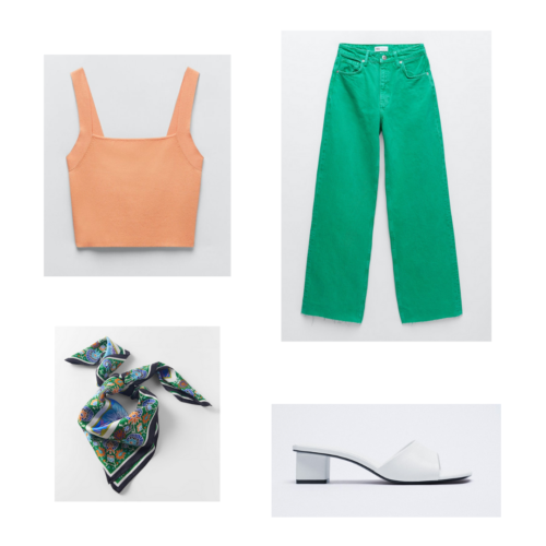 Zara summer 2021 collection outfit 8: orange crop tank, green oversized loose-fit jeans, white slides, silky scarf