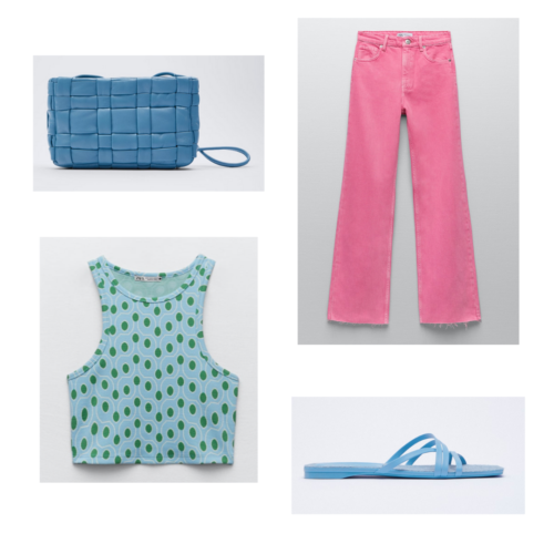 Zara summer 2021 collection outfit 9: blue and green retro print tank, pink jeans, blue flat sandals, blue woven purse