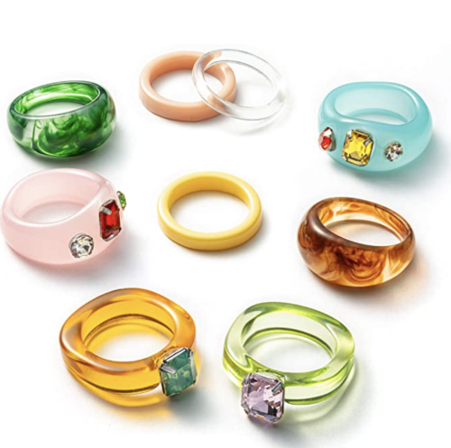 Chunky plastic multicolored rings with jewels from Amazon