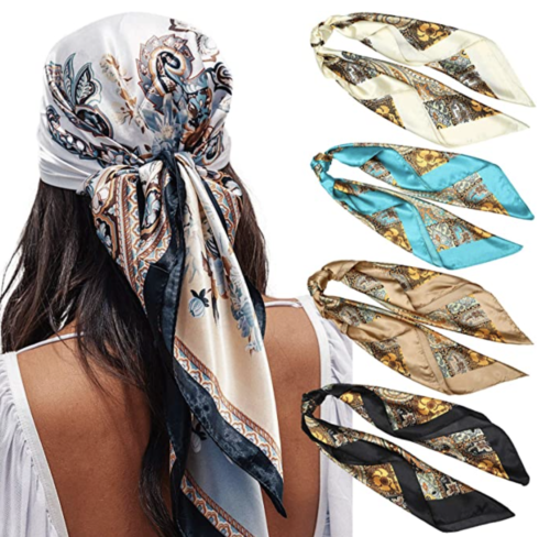 multicolored print silky scarf set