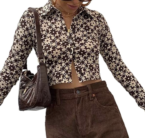 Brown patterned long sleeve button-up blouse, Amazon fashion finds