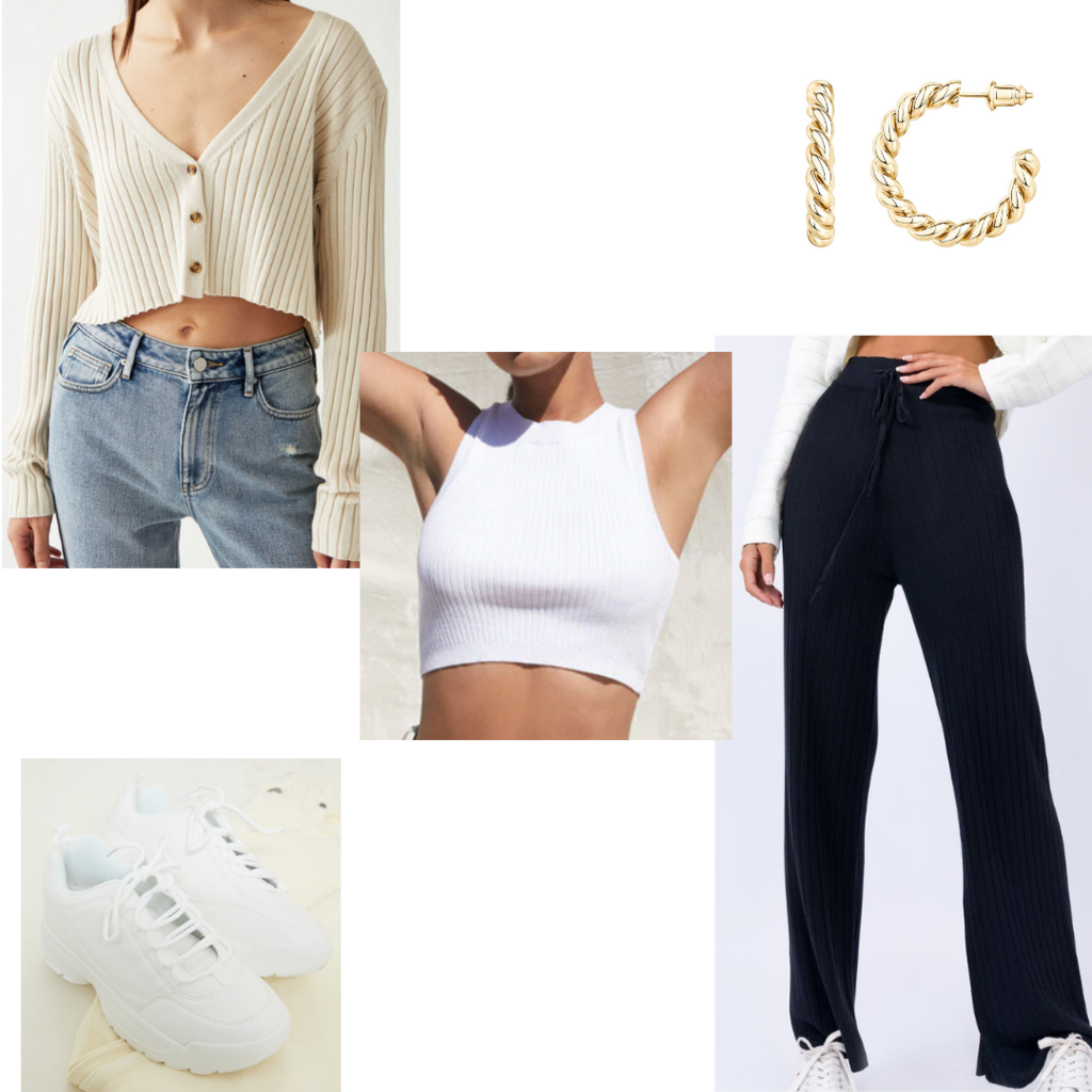 Comfortable airport outfit #2: Wide leg pants, dad sneakers, white crop top, cardigan, hoop earrings