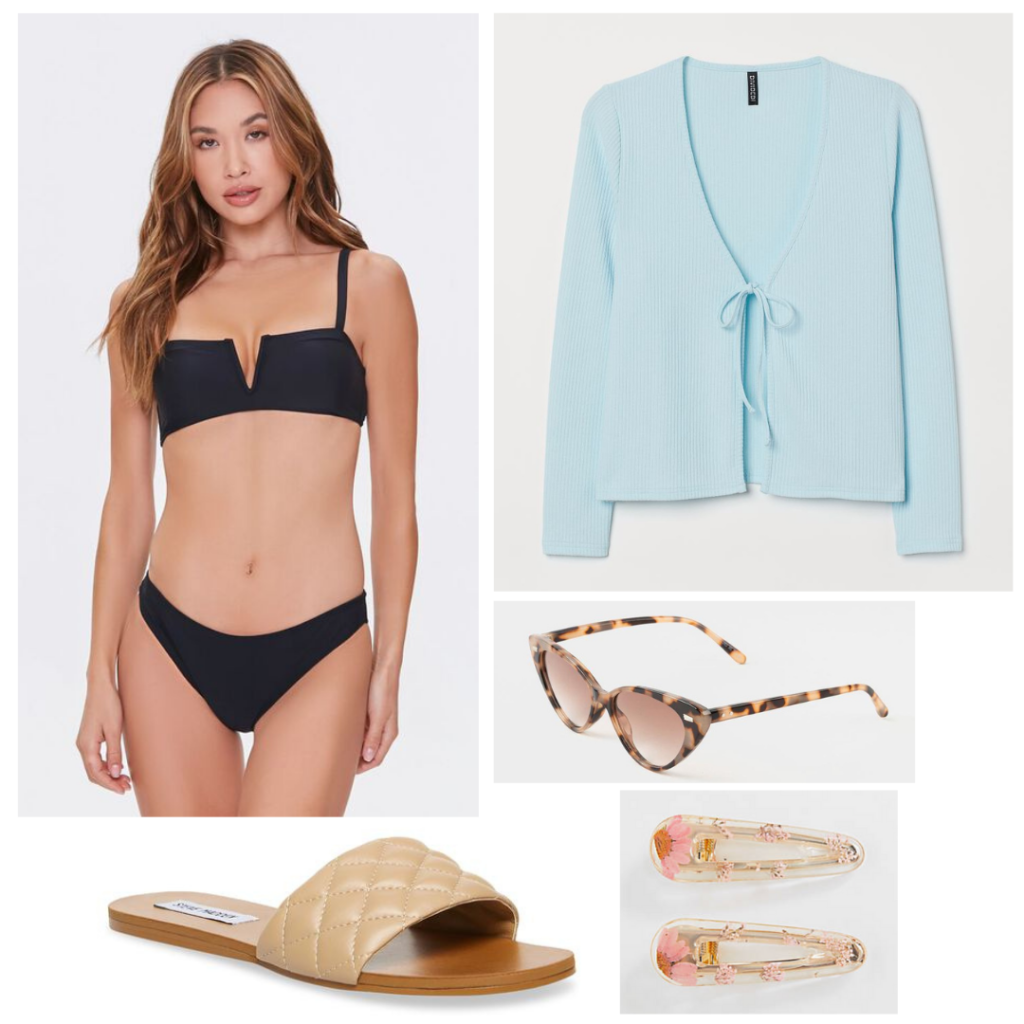 What to pack for a lake house: Outfit idea with black bikini, pale blue cardigan, quilted sandals, sunglasses, hair clips