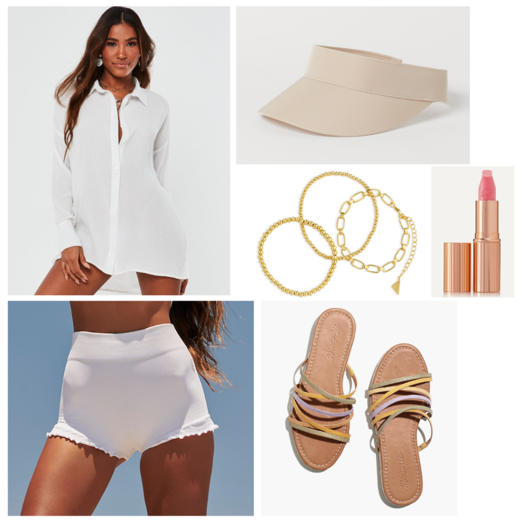 Lake day outfit idea: White bathing suit cover-up and shorts, sandals visor, gold jewelry