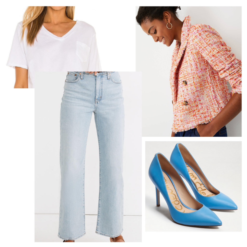 Jeans + white t-shirt + tweed blazer + heels