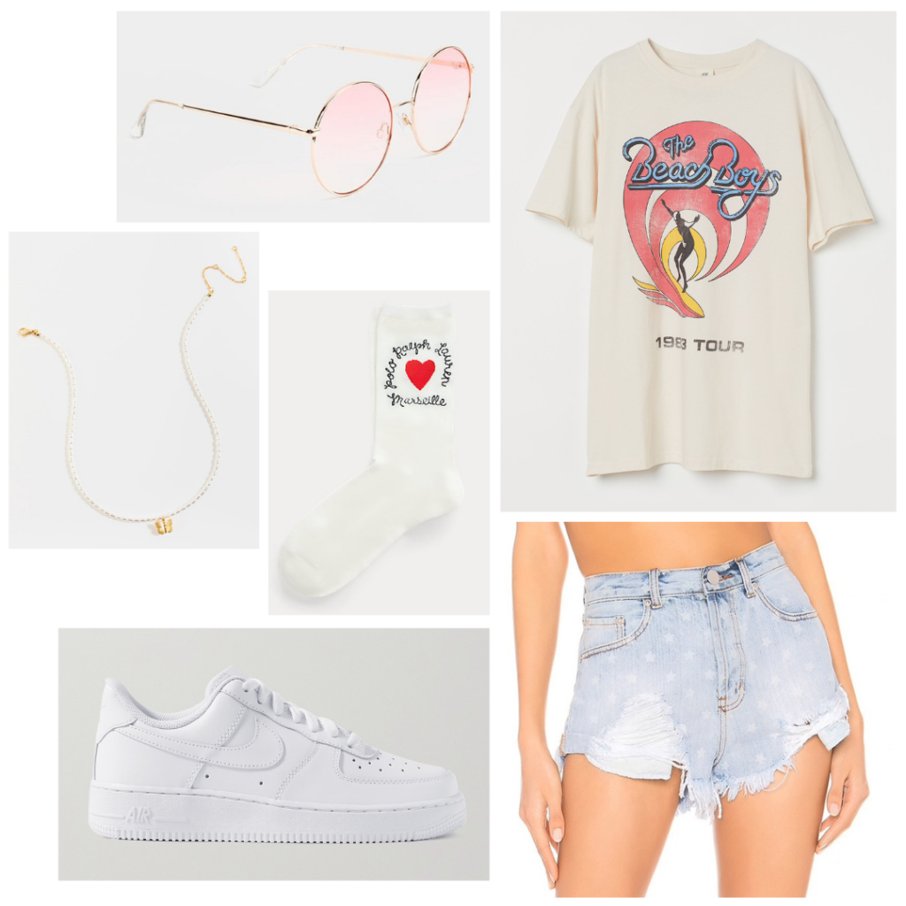 Lake day outfit: Oversized graphic tee, sneakers, gold jewelry, ripped denim shorts