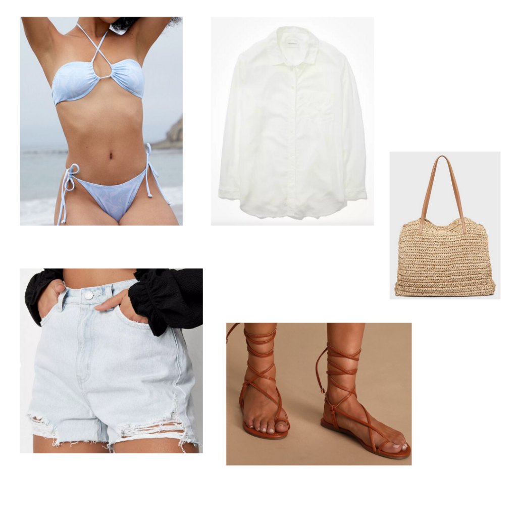 Cute bikini outfit 1: blue criss-cross halter bikini, white oversized button up, light wash denim shorts, gladiator brown flat sandals, wicker tote