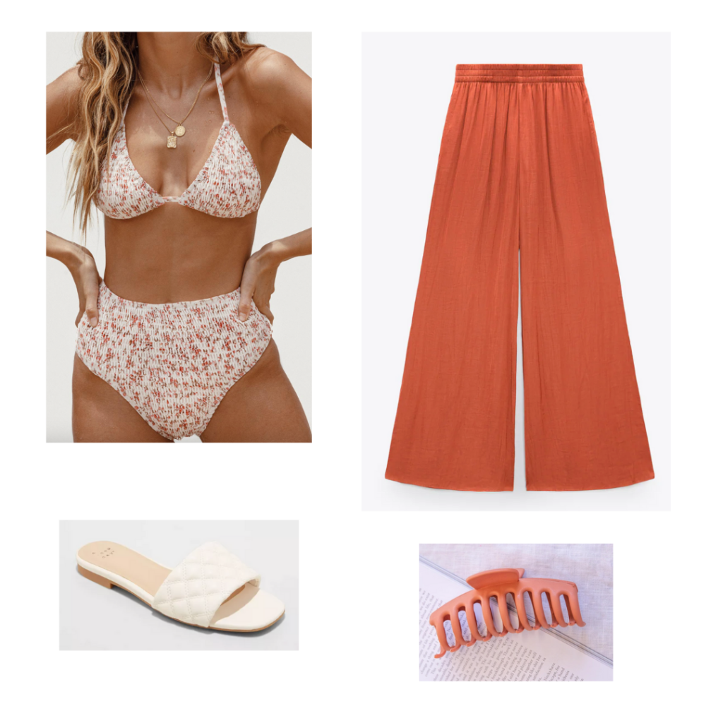 Outfit 2: floral high-waisted bikini set, wide leg flowy coral pants, coral hair claw, flat white slide sandals