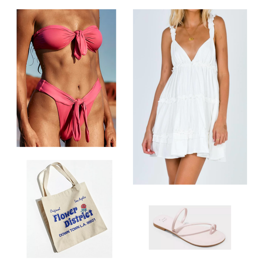 Cute bikini outfit 2: strapless tied bikini set, white summer dress, flat pink sandals, printed tote bag