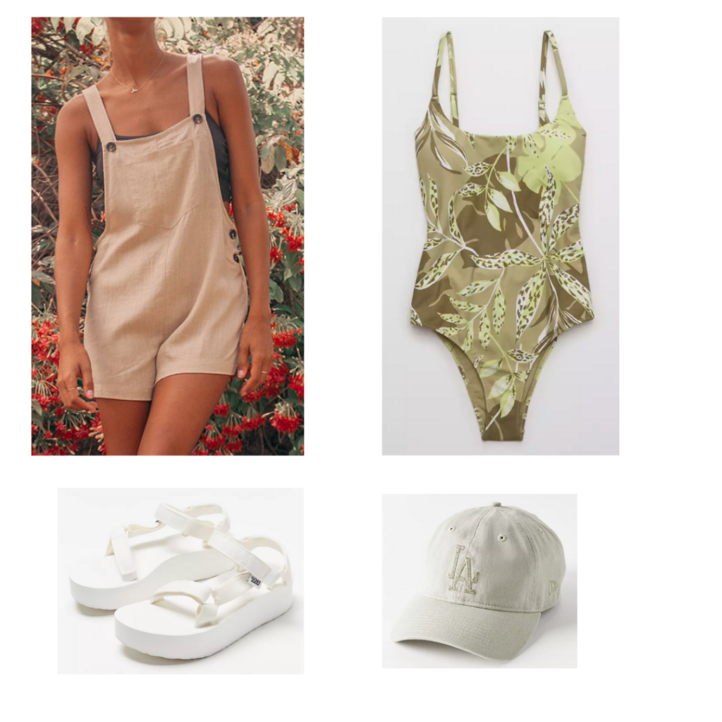 Outfit 4: green one piece swimsuit, white linen overalls, white LA dodgers hat, platform white sandals