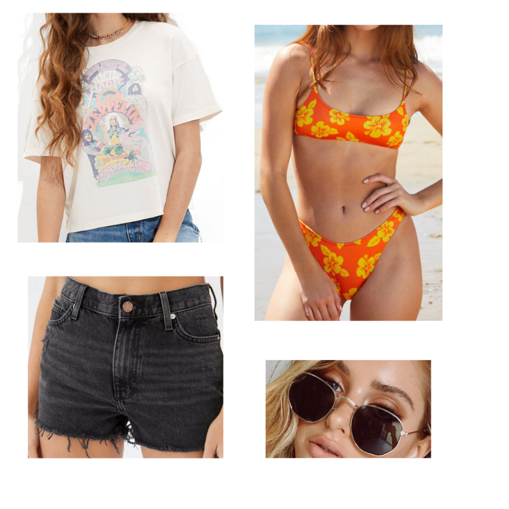 Cute Bikini Outfit 5: orange and yellow floral tropical bikini, white Led Zepplin graphic tee, black distressed high-waisted shorts, geometric sunglasses with gold metal