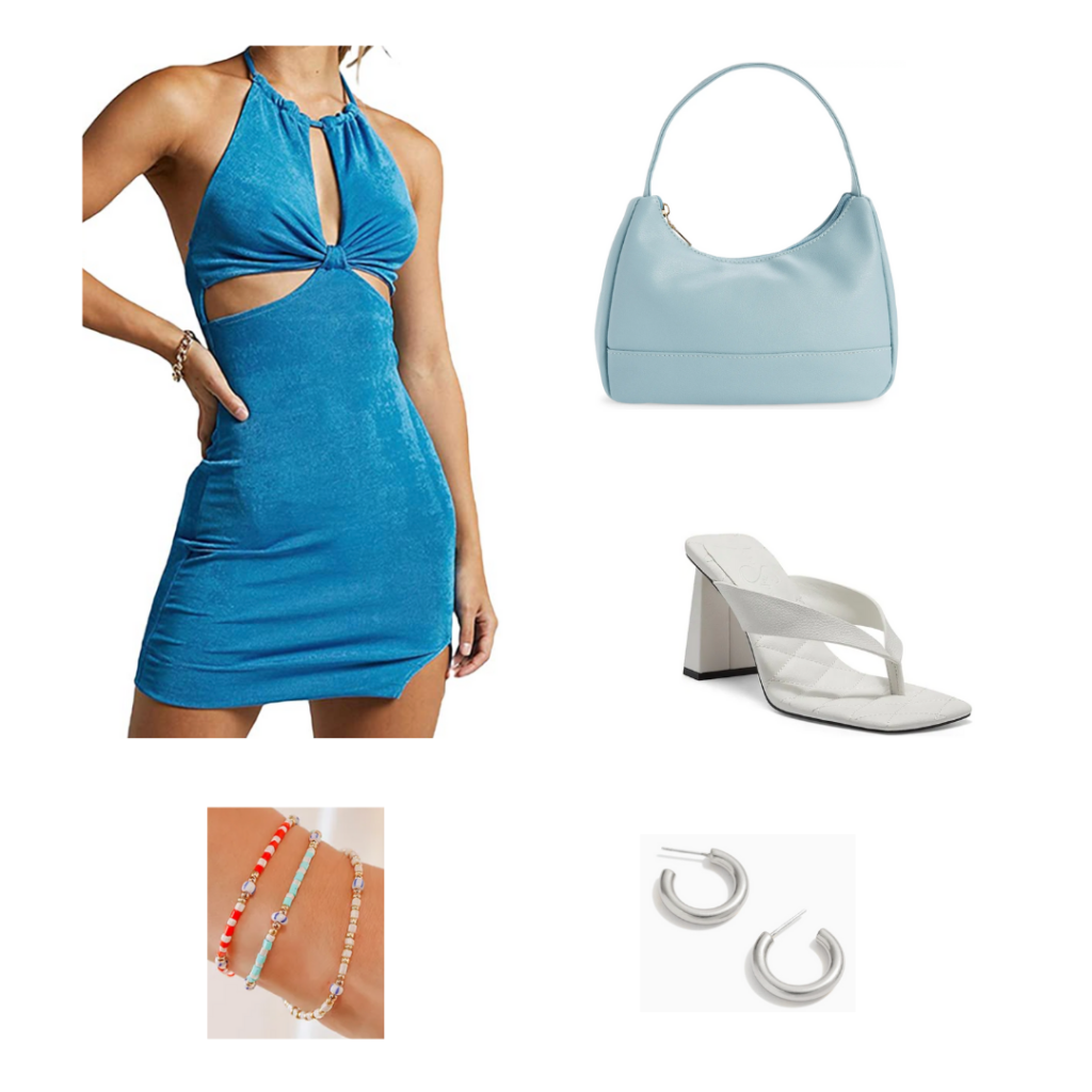 Azure and baby blue outfit set - blue halterneck dress with cutouts, baby blue purse, chunky heeled white sandals, silver hoops