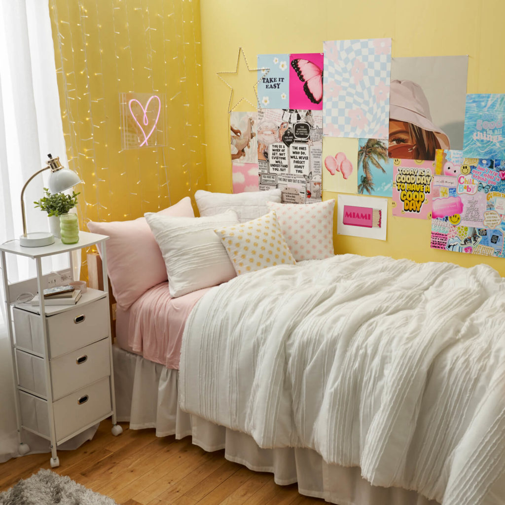 Dormify Good for You room for 2021 - yellow walls, string lights, posters, nightstand