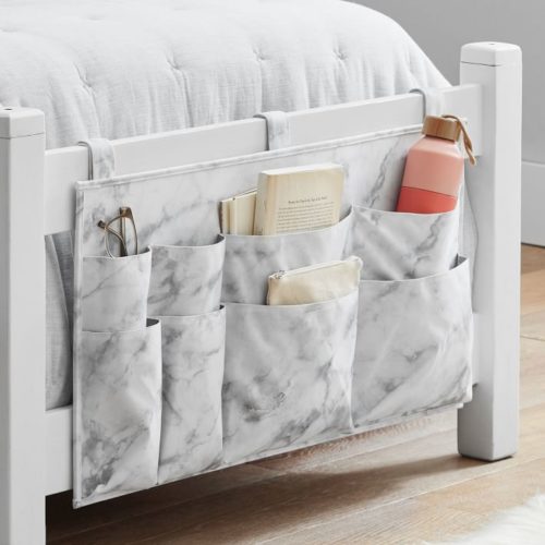 Dorm room storage - Hanging dorm bed grey and white marble canvas storage organizer with pockets.