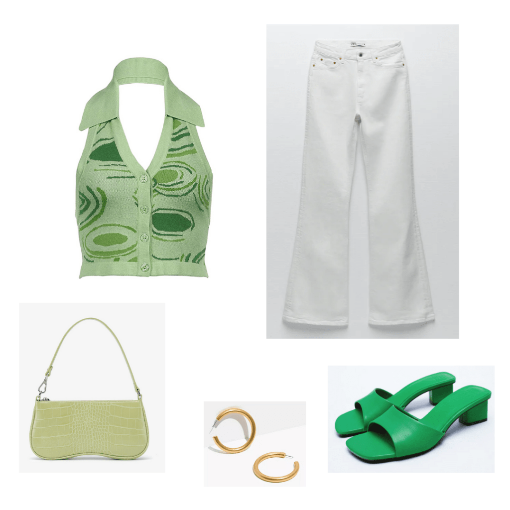 Summer 2021 Color Trends: mixed greens outfit set - vintage inspired green halterneck with collar, white flare jeans, chunky heeled green sandals, green crocodile handbag, gold hoop earrings