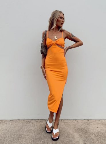 Orange Cut Out Midi Dress