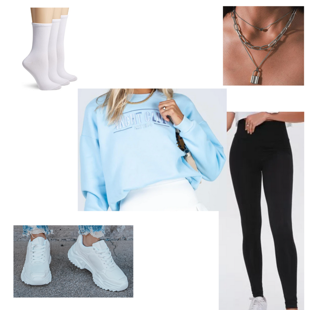 Leggings outfit #1: Basic black leggings, light blue sweatshirt, chunky dad sneakers, chain necklaces, socks