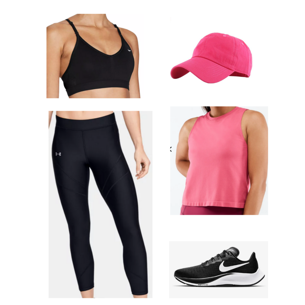 College move-in day outfit #1: Black leggings, black sports bra, pink tank top, pink baseball cap, black and white nike sneakers