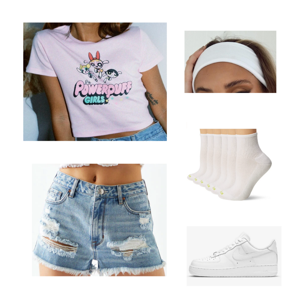 College move-in day outfit #2: Ripped denim shorts, pink graphic crop top, white headband, white ankle socks, white Nike Air Force 1s sneakers