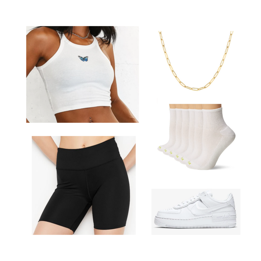 College Move-in outfit #3: Black biker shorts, white butterfly crop top, white Nike sneakers, white socks, gold necklace