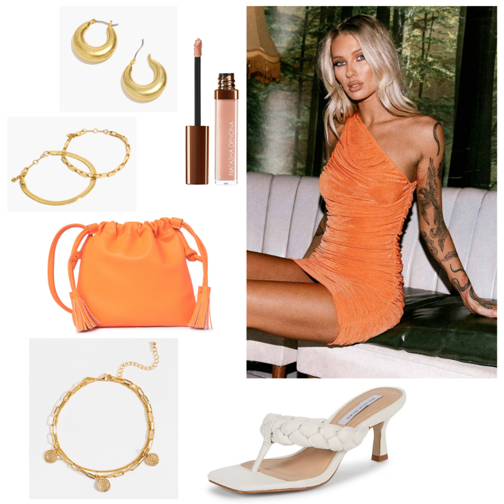 Orange outfit for a summer night: Orange mini dress and purse, white woven heels, gold jewelry, nude lip gloss