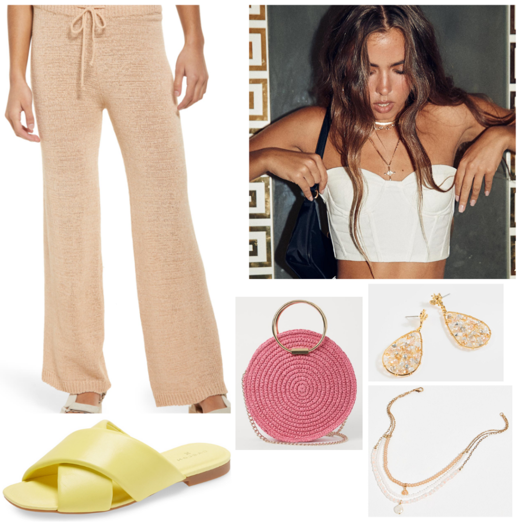 How to wear wide leg pants for a summer night out: Cute outfit with beige wide leg woven pants, white strapless bustier top, green slides, pink woven bag, gold jewelry