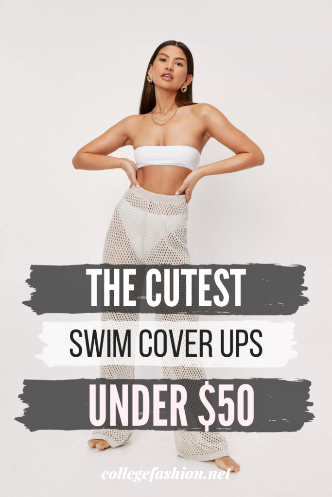 The cutest swim cover ups under  - photo of a woman wearing a sheer set of mesh pants in beige over a white bathing suit