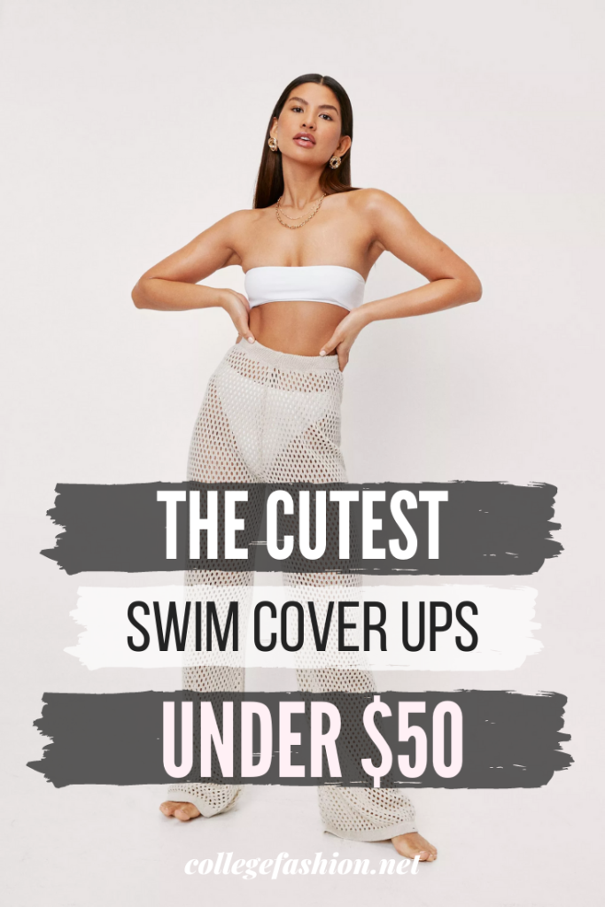 The cutest swim cover ups under $50 - photo of a woman wearing a sheer set of mesh pants in beige over a white bathing suit