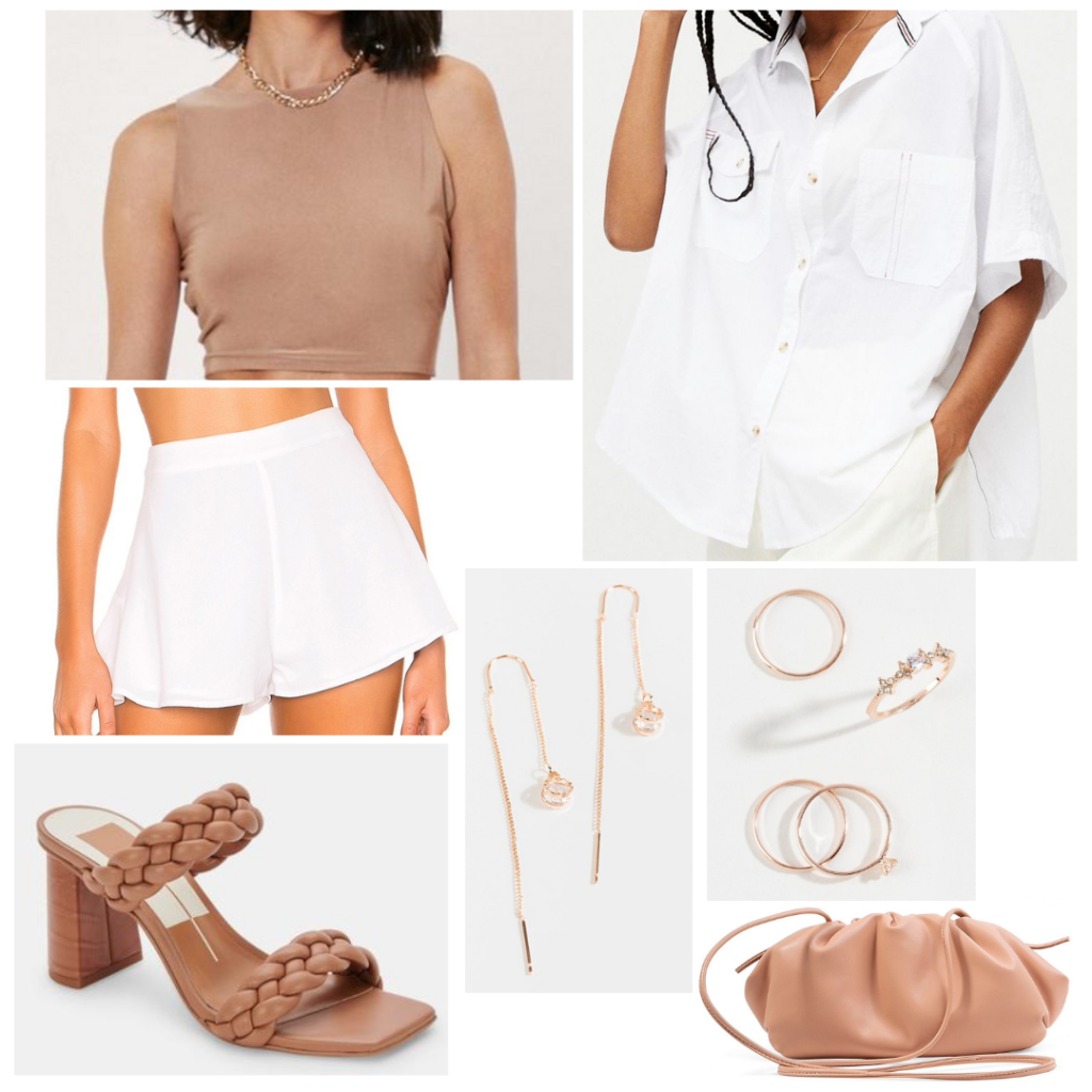 Summer night outfit: Tan monochrome look with white shorts, white button-down shirt, beige crop top, gold jewelry, beige croissant bag