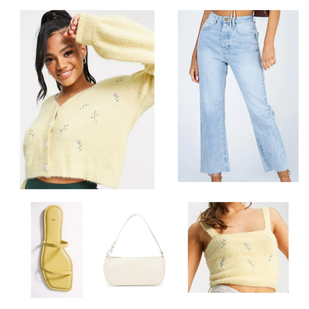 Canary yellow outfit set - pastel yellow fuzzy cardigan, cropped ligh wash jeans, hellow flat sandals, white shoulder bag