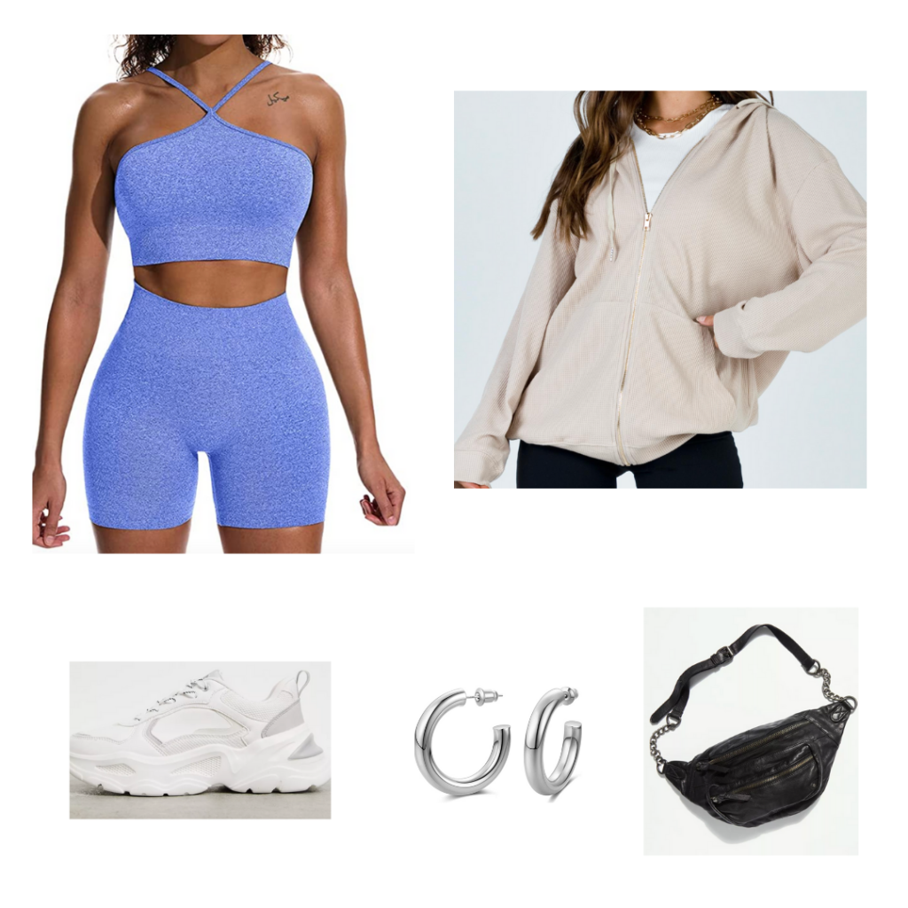 Outfit 2 - Inspired by Los Angeles: heather blue workout set with bike shorts, oversized tan zip up jacket, black fanny pack, chunky white sneakers