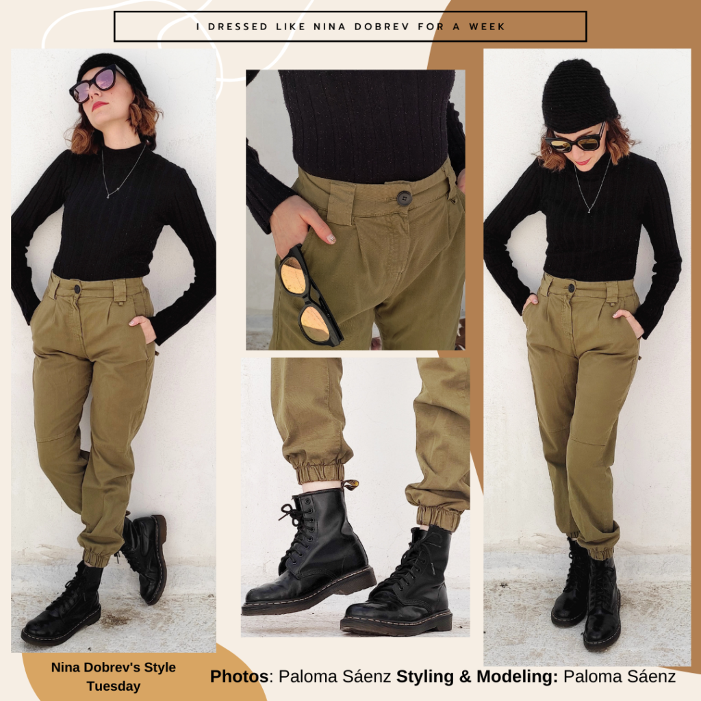 Outfit inspired by Nina Dobrev with green army pants, black turtleneck, black combat boots, black sunglasses and beanie